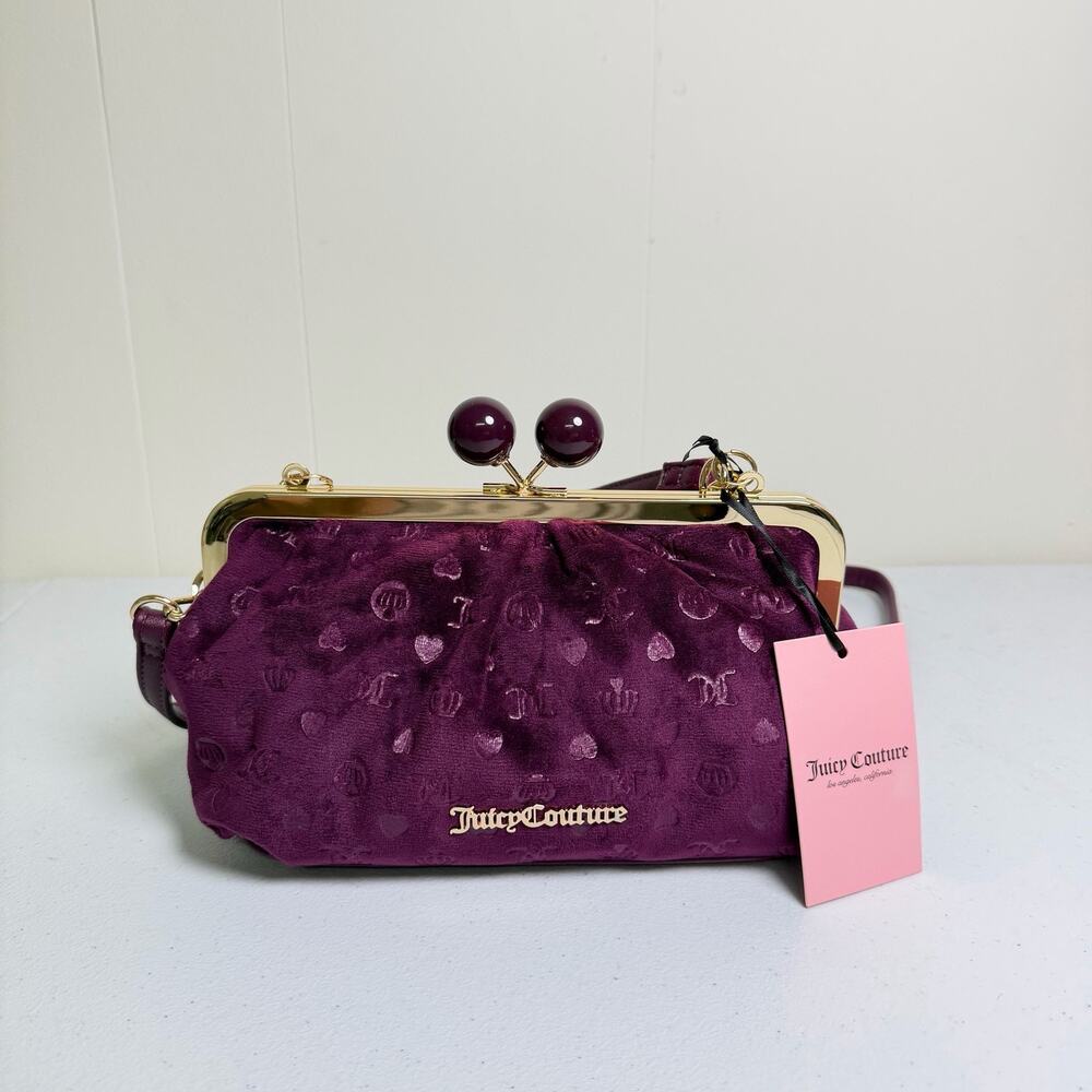Juicy Couture Velvet Crossbody Bag Purple Logo Kiss Lock Clutch Purse